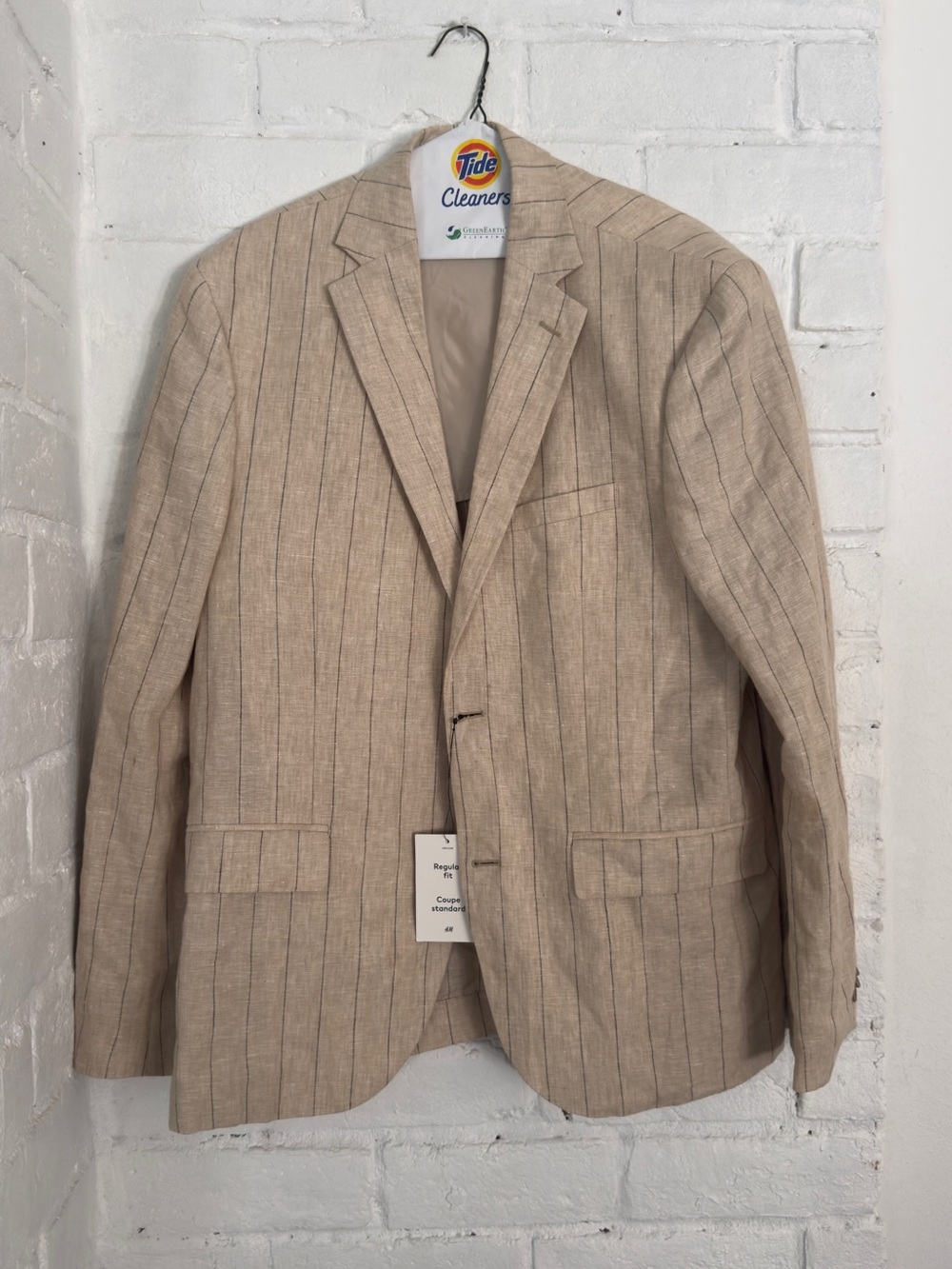 NWT H&M Premium 100% Linen Blazer Sport Coat Tan Beige Pinstripe 44R Men’s